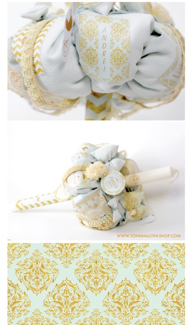 Lumanare botez gold cu verde menta pentru baieti, 65x4 cm, Gold & Mint 2